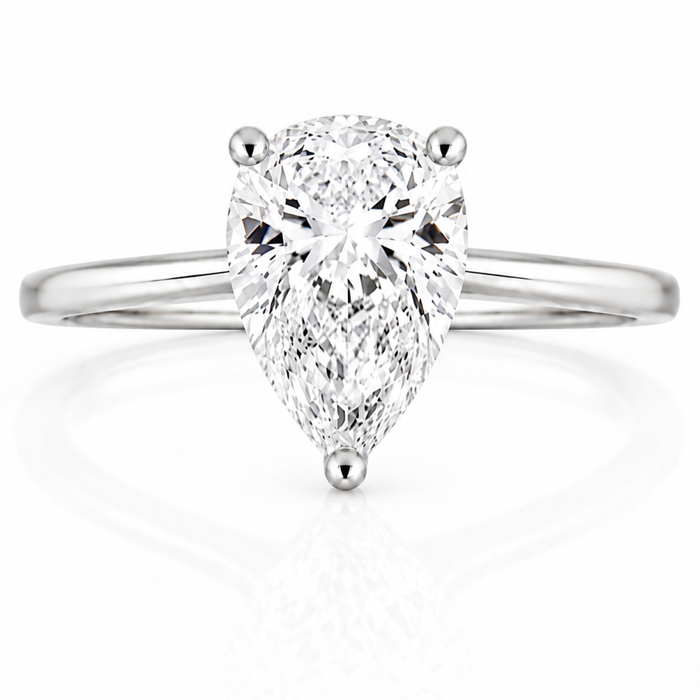 Pear-shaped lab-grown diamond solitaire ring in 9ct white gold, front view