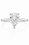 9ct white gold engagement ring with 1.5ct pear shape lab grown diamond in three-prong solitaire setting, viewed from above on white background