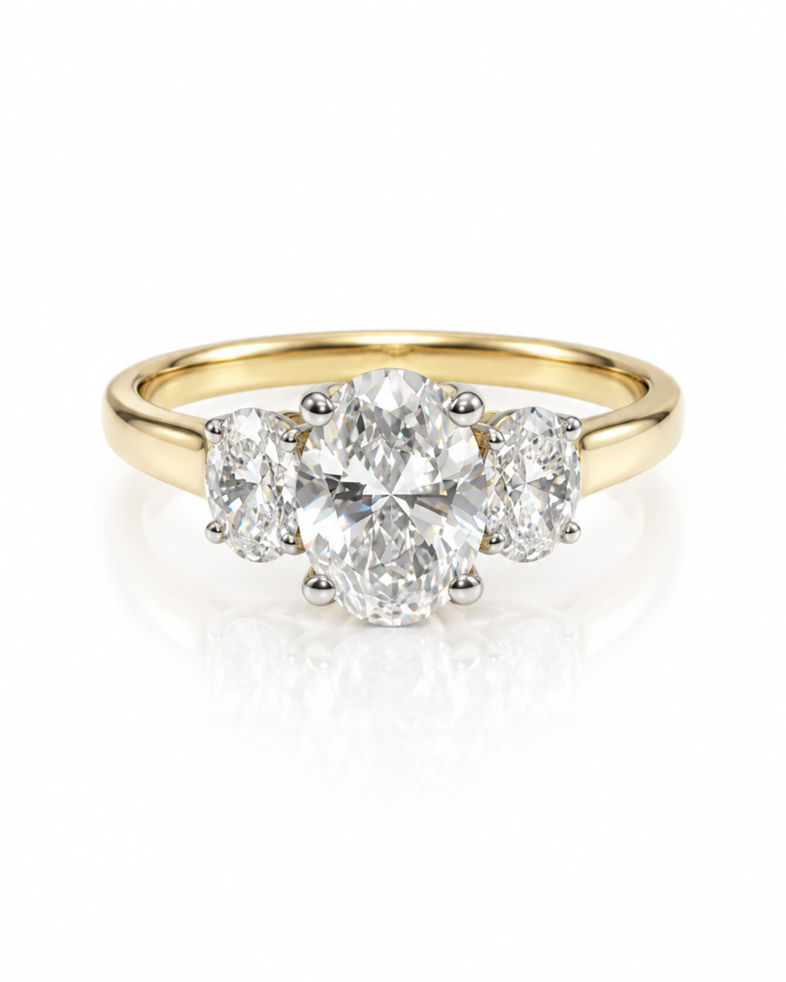 9ct yellow gold three stone engagement ring with 1.50ct oval lab grown diamond centre stone and matching oval side stones in claw setting