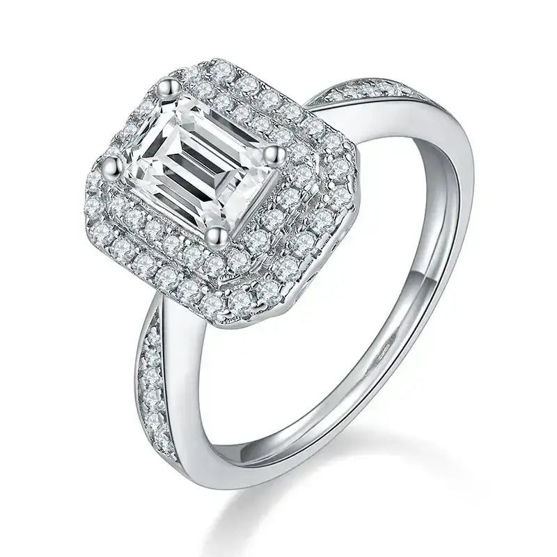 1ct emerald cut moissanite engagement ring with double halo in sterling silver - Cassim & Co Johannesburg