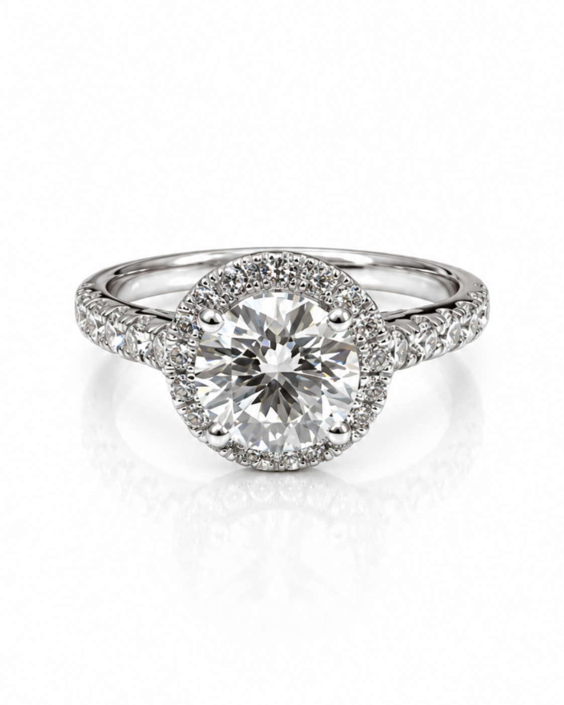 9ct white gold halo engagement ring with 1.50ct round brilliant lab grown diamond and pavé band by Cassims & Co.