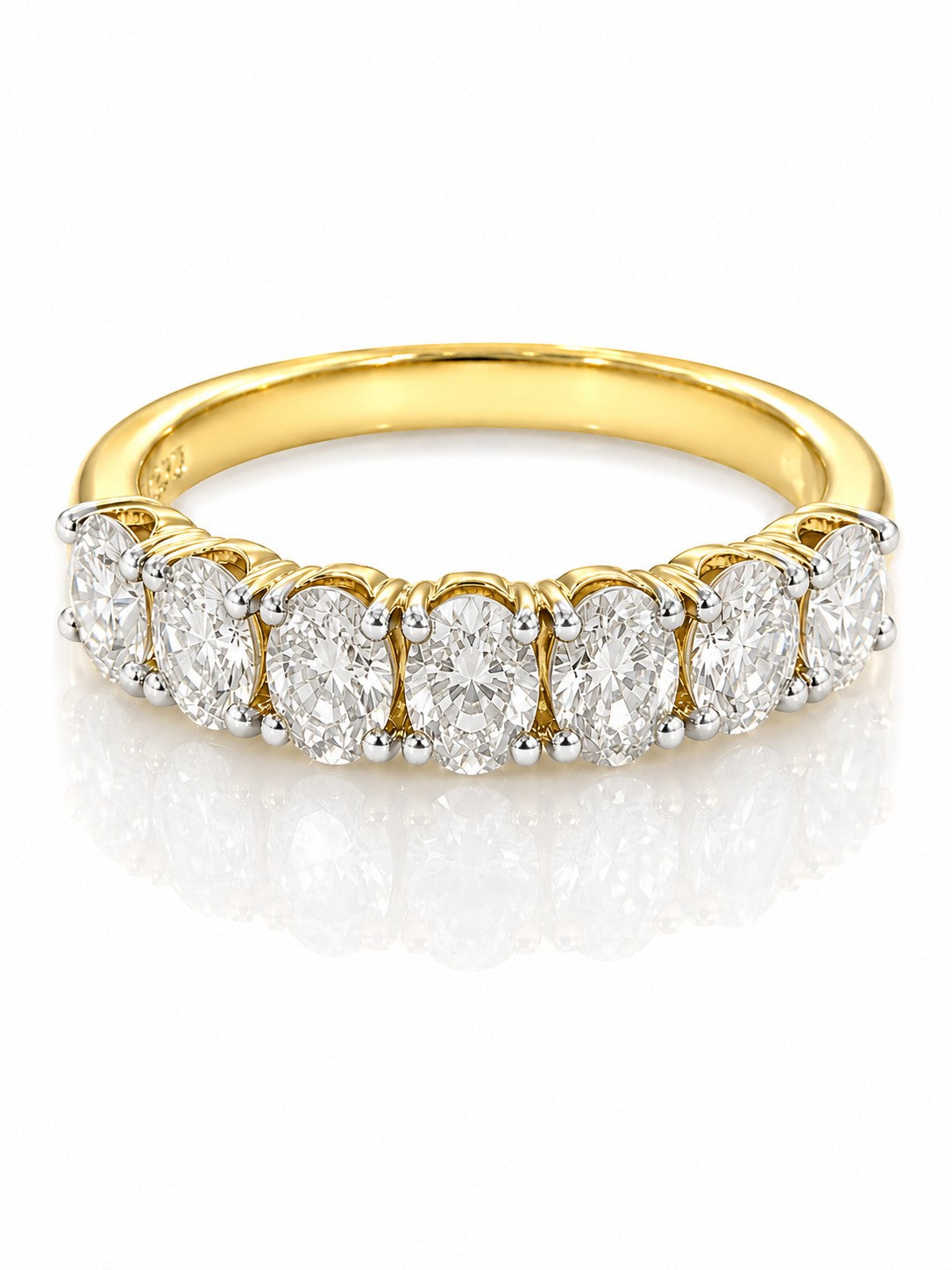 9ct yellow gold seven stone ring with 1.39ct oval lab grown diamonds in white gold prong settings