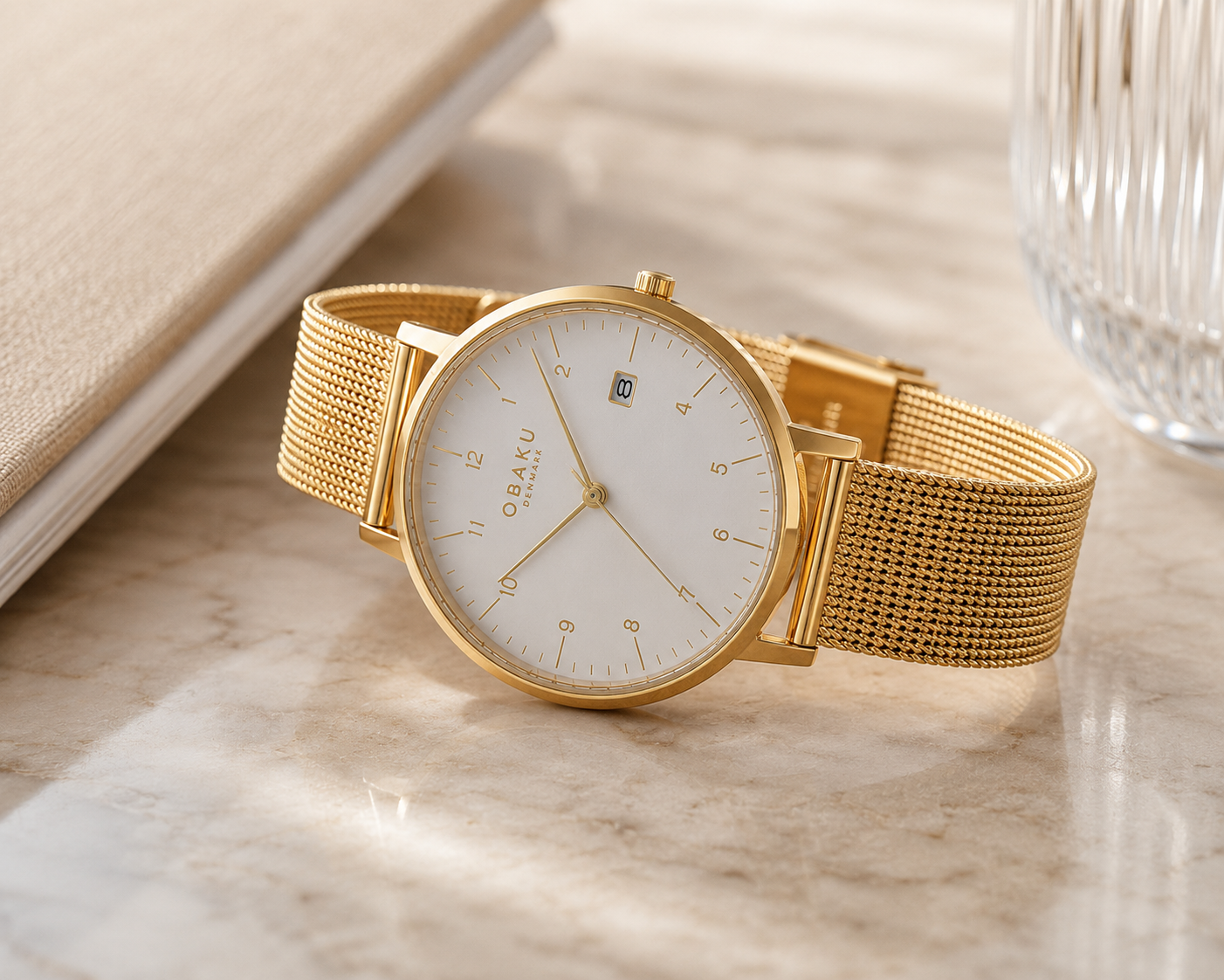 Obaku V298GDGWMG Quartz White Dial Gold-Tone Stainless Steel Mesh Watch (V298GDGWMG)