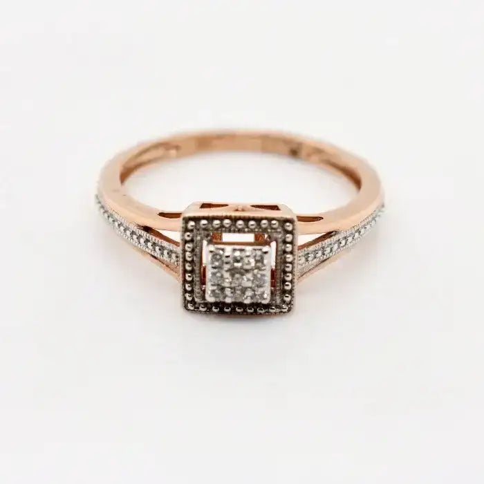 9ct rose gold princess cut diamond halo engagement ring with white gold setting and pavé diamond shoulders by Cassim & Co Johannesburg