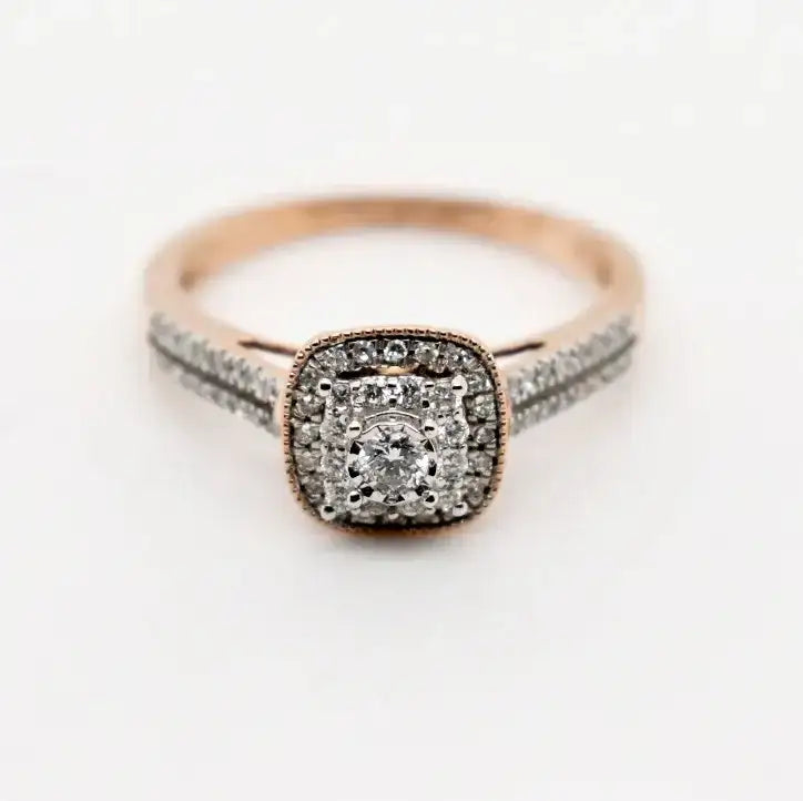 9ct rose gold cushion cluster diamond halo engagement ring with pavé shoulders and milgrain detail, Cassim & Co Johannesburg