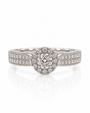 9ct white gold halo engagement ring with round diamond centre and pavé shoulders