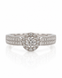 9ct white gold halo engagement ring with round diamond centre and pavé shoulders