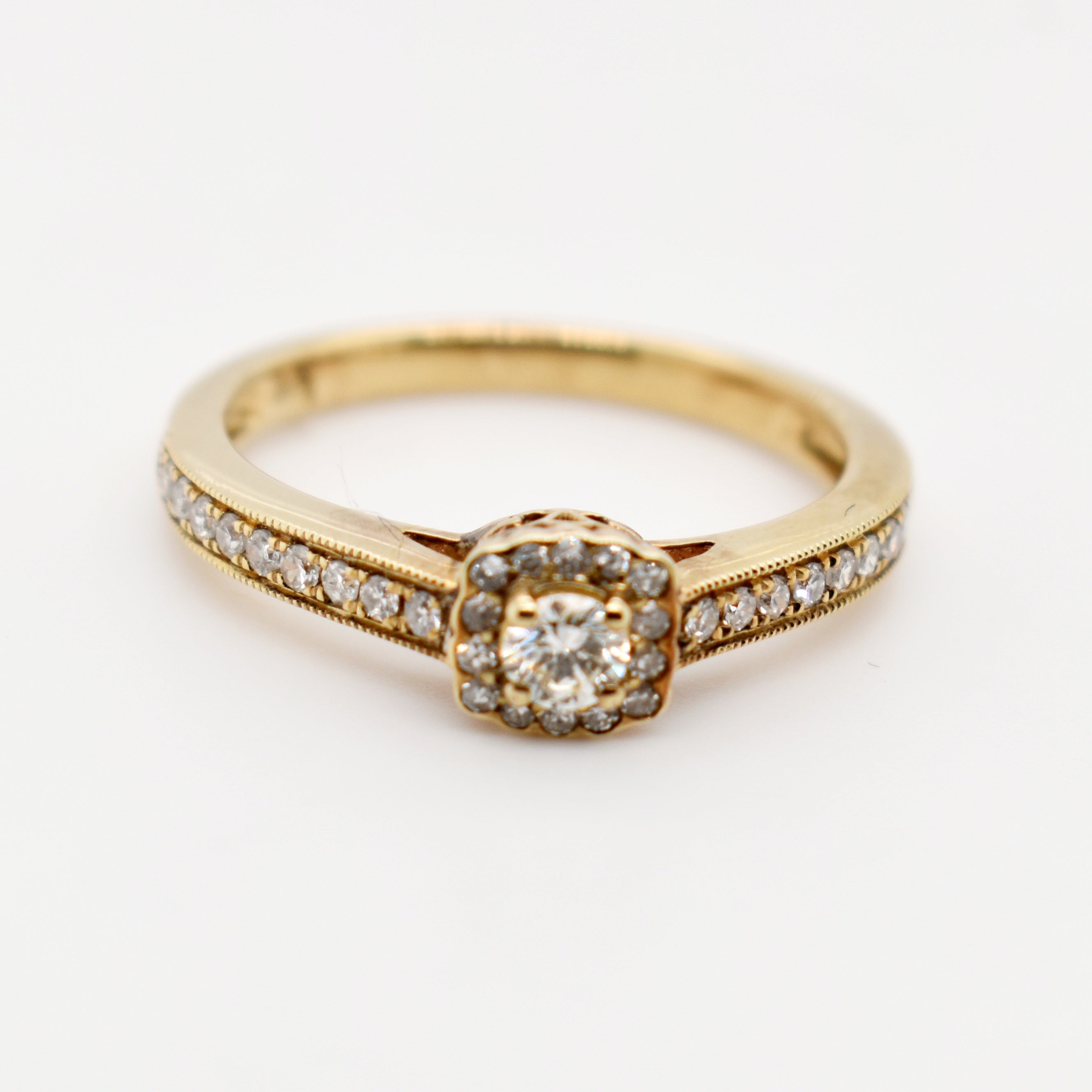 9ct Yellow Gold Halo Cushion Cut Diamond Ring