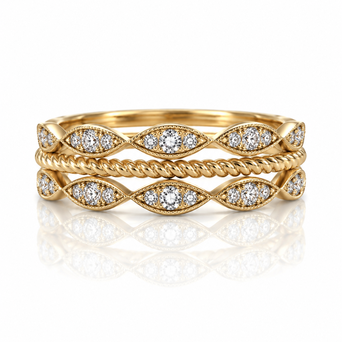 9ct yellow gold dress ring with claw-set round diamonds, rope-twist band and milgrain scalloped edges