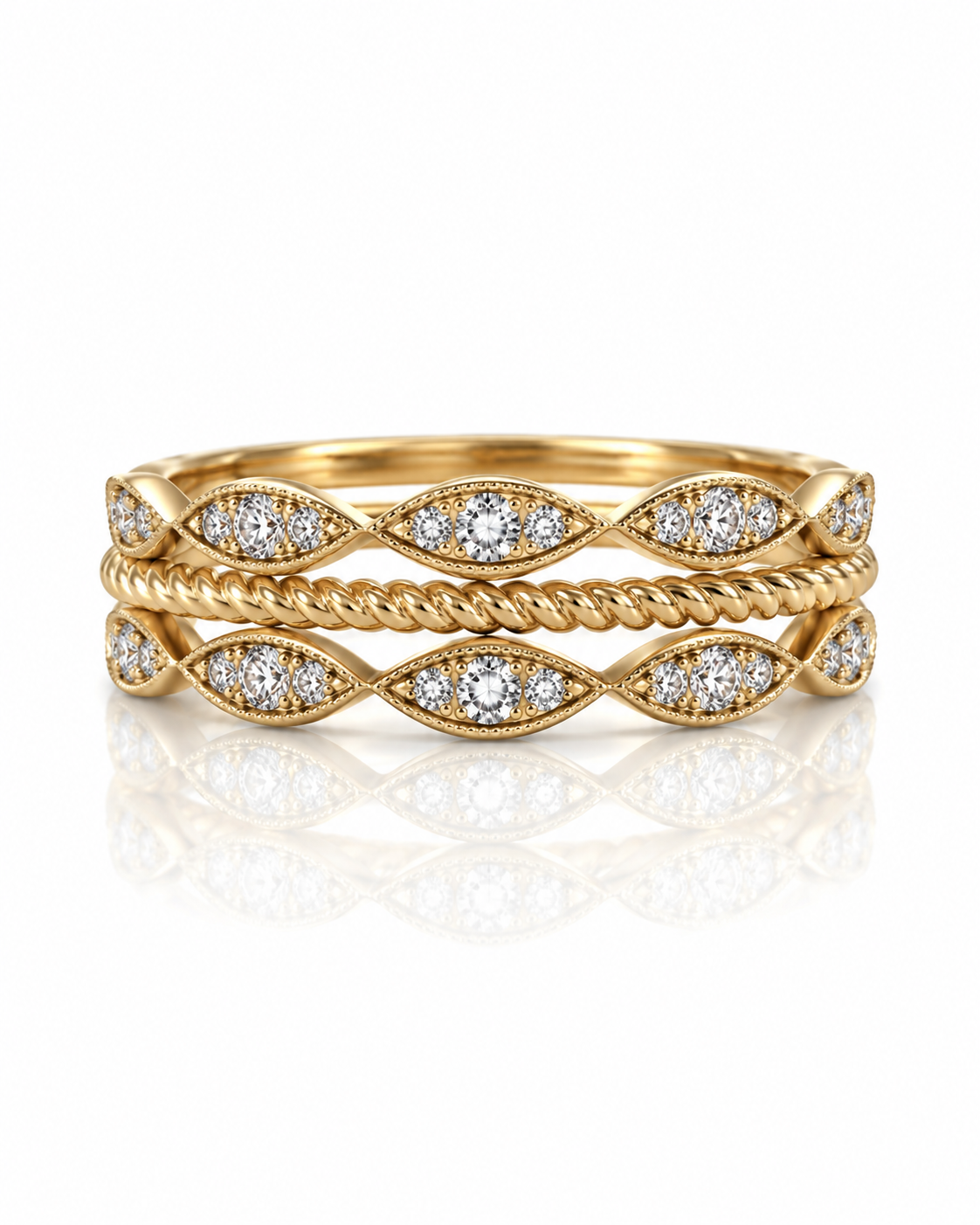 9ct yellow gold dress ring with claw-set round diamonds, rope-twist band and milgrain scalloped edges