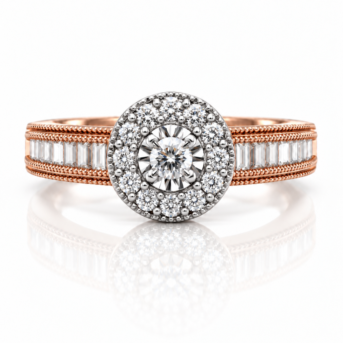 9ct rose gold halo engagement ring with pavé diamond halo and channel-set baguette shoulders