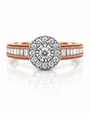 9ct rose gold halo engagement ring with pavé diamond halo and channel-set baguette shoulders