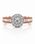 9ct rose gold halo engagement ring with pavé diamond halo and channel-set baguette shoulders
