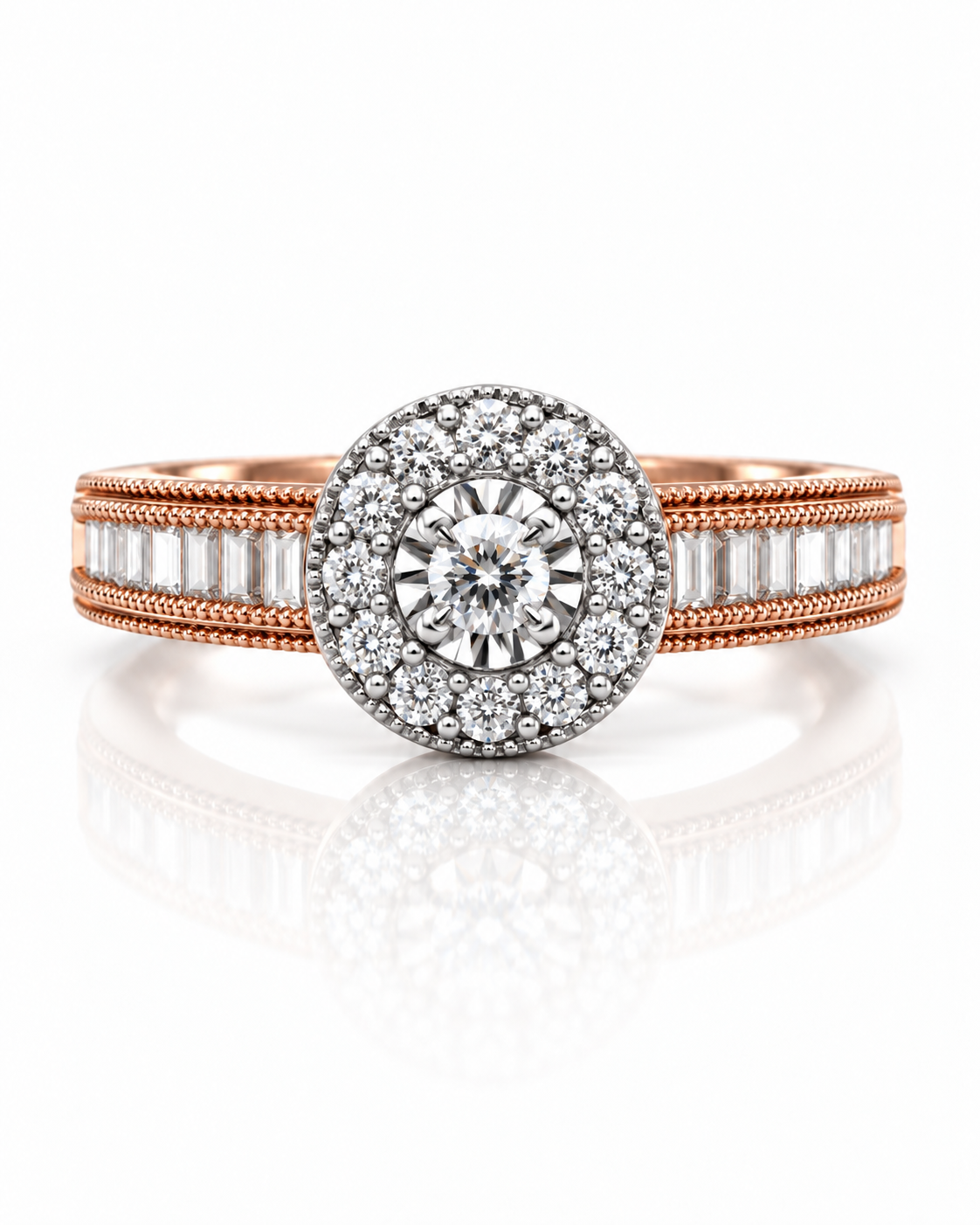 9ct rose gold halo engagement ring with pavé diamond halo and channel-set baguette shoulders