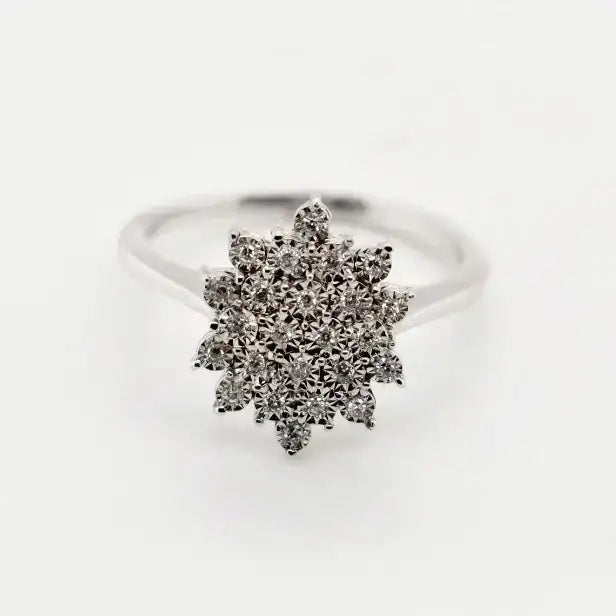 9ct white gold flower diamond cluster ring with brilliant-cut diamonds in floral design setting from Cassim & Co Johannesburg