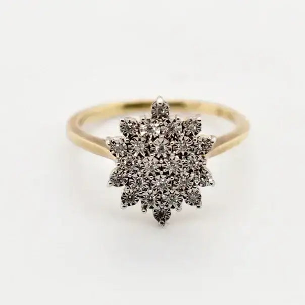 9ct yellow gold diamond flower cluster ring with round brilliant diamonds in floral setting