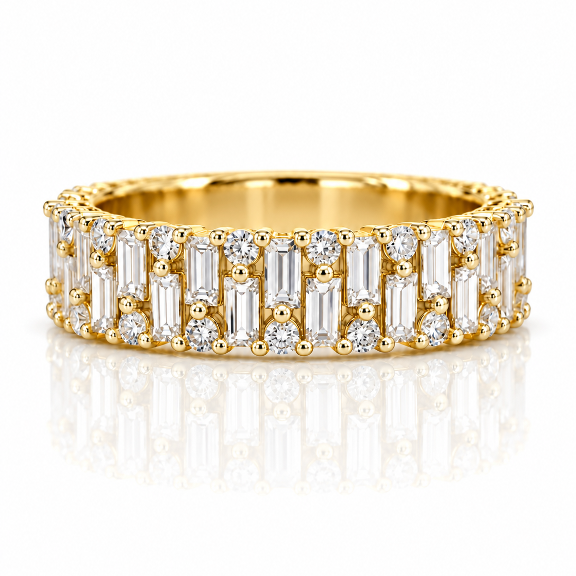 9ct yellow gold dress ring with staggered baguette diamonds and round brilliants on a wide band