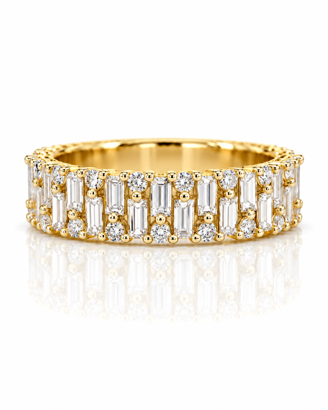 9ct yellow gold dress ring with staggered baguette diamonds and round brilliants on a wide band