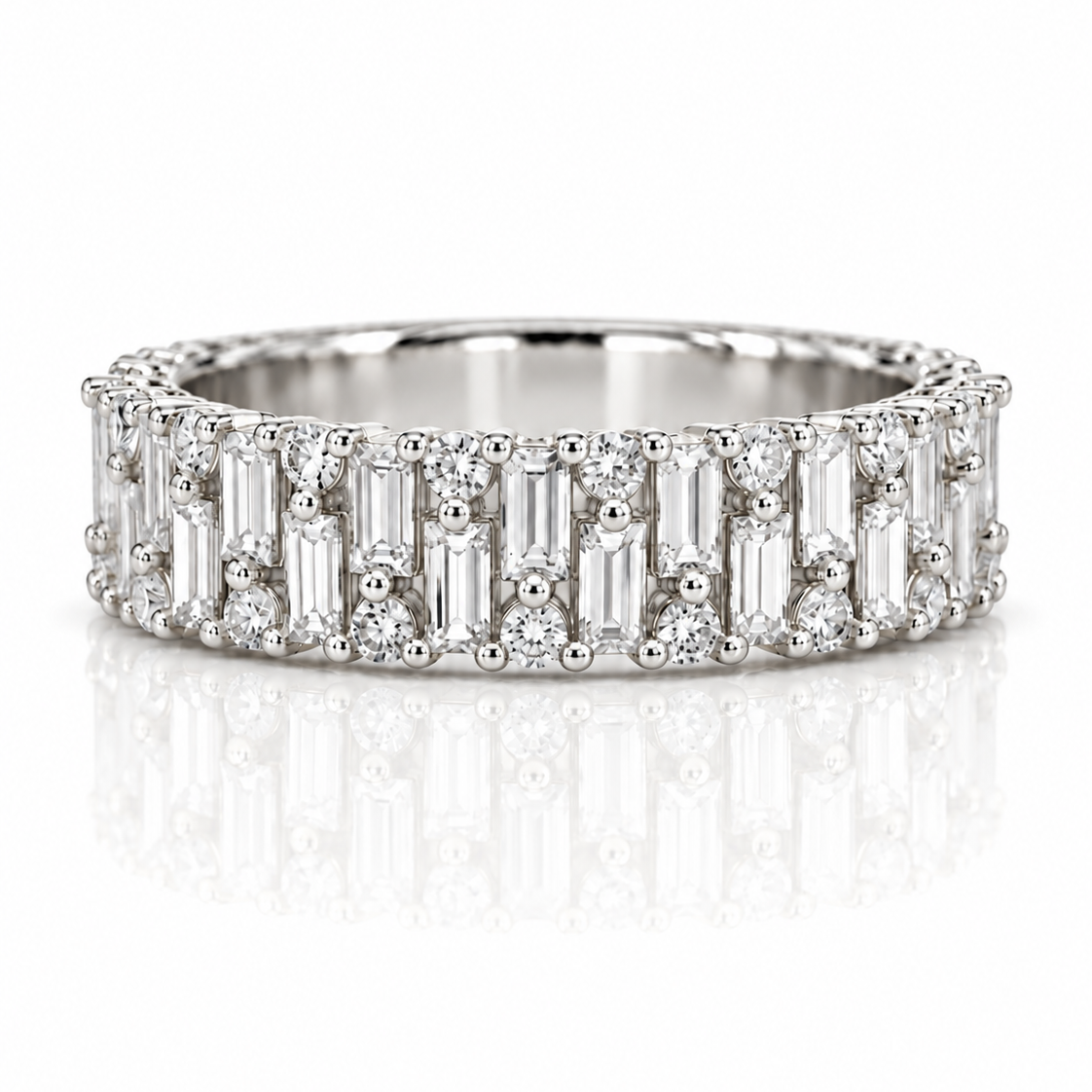 9ct white gold dress ring with wide two-row band of baguette and round diamonds