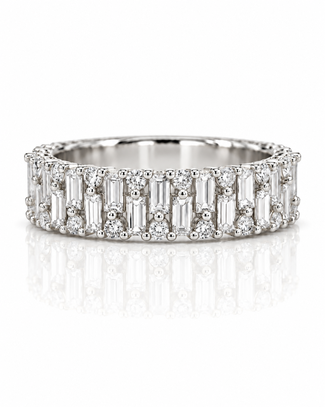 9ct white gold dress ring with wide two-row band of baguette and round diamonds