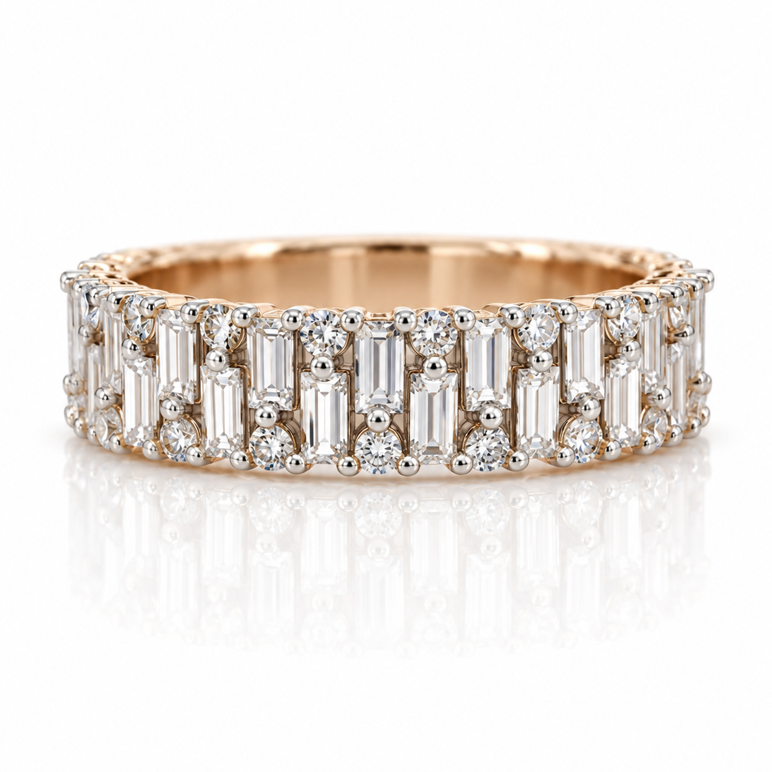 9ct rose gold dress ring with alternating baguette and round diamonds on a wide polished band
