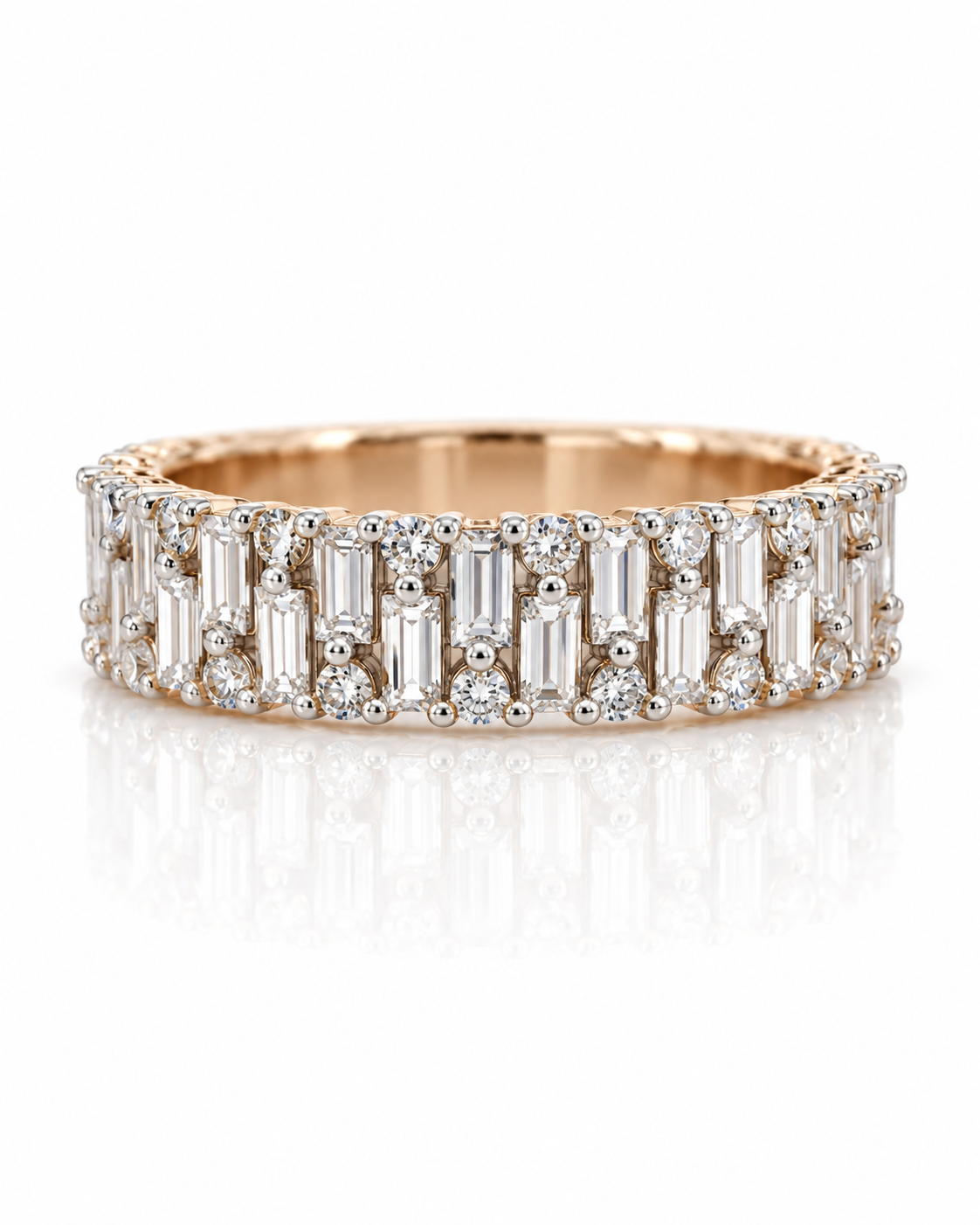 9ct rose gold dress ring with alternating baguette and round diamonds on a wide polished band