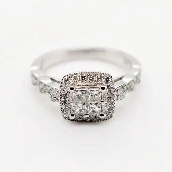 9ct white gold princess cut diamond halo engagement ring with vintage milgrain detailing and diamond shoulders by Cassim & Co Johannesburg