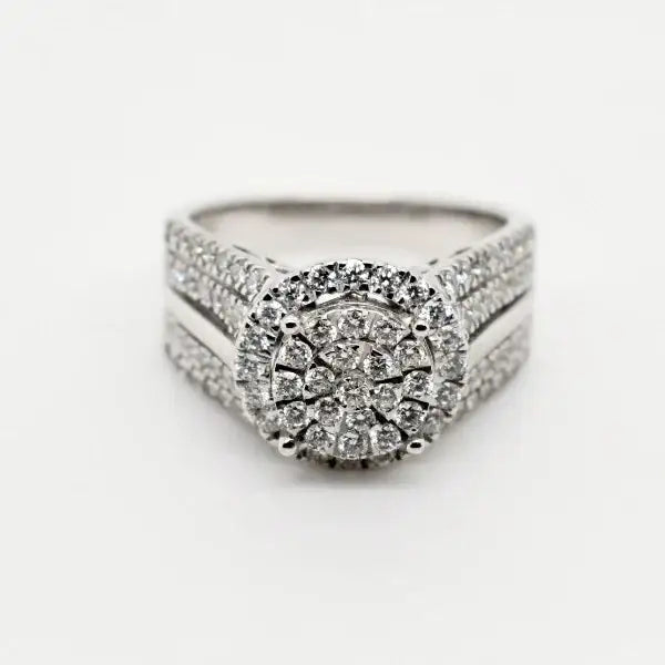 9ct white gold diamond cluster halo engagement ring with pavé shoulders by Cassim & Co Johannesburg