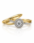 9ct yellow gold halo engagement ring with round diamond and twisted pavé shoulders