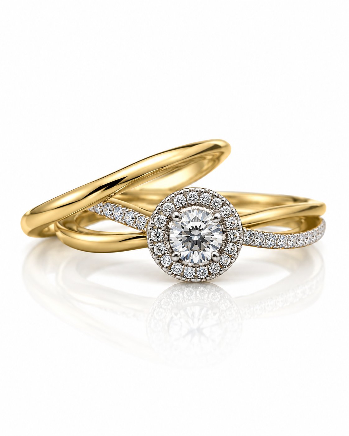 9ct yellow gold halo engagement ring with round diamond and twisted pavé shoulders