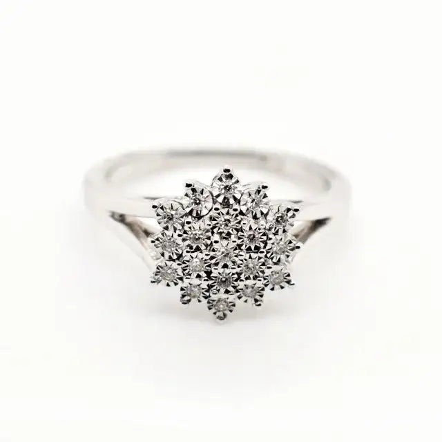 9ct white gold flower cluster diamond ring with brilliant-cut diamonds in floral setting
