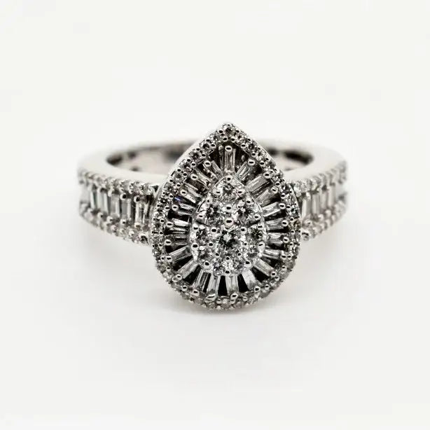 9ct white gold teardrop diamond halo ring with baguette and round brilliant diamonds on split shank band by Cassim & Co Johannesburg
