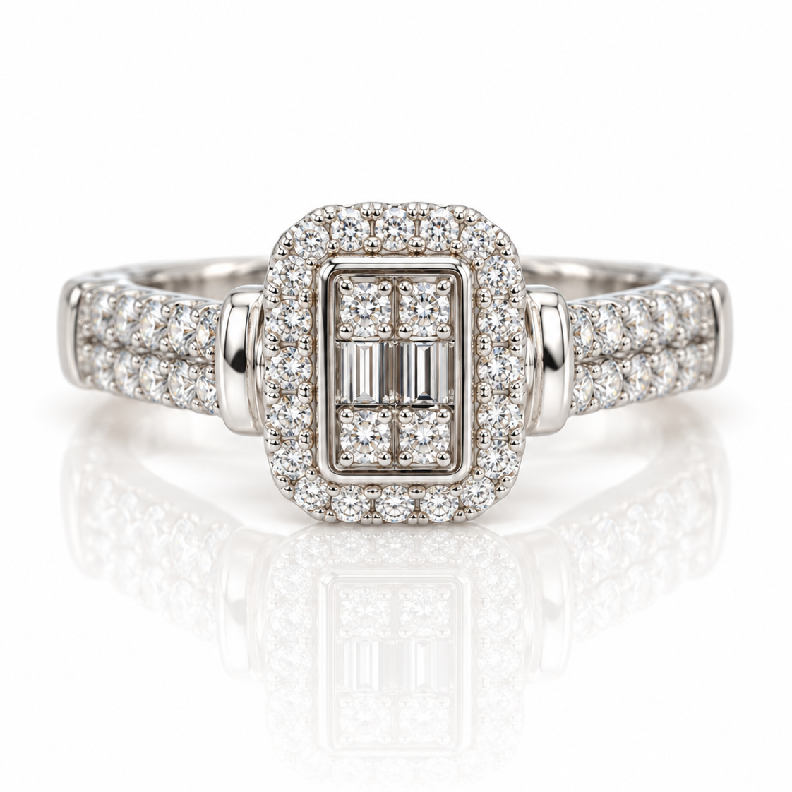 9ct white gold cluster halo ring with baguette and round diamonds and pavé shoulders