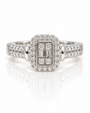 9ct white gold cluster halo ring with baguette and round diamonds and pavé shoulders