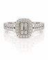 9ct white gold cluster halo ring with baguette and round diamonds and pavé shoulders