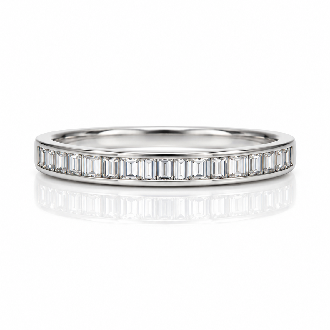 9ct white gold half eternity ring with channel-set baguette diamonds and polished band