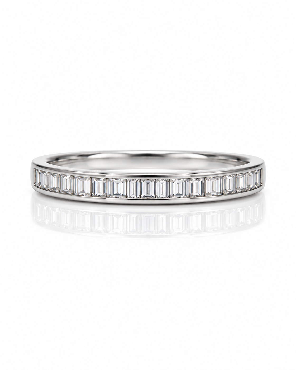 9ct white gold half eternity ring with channel-set baguette diamonds and polished band