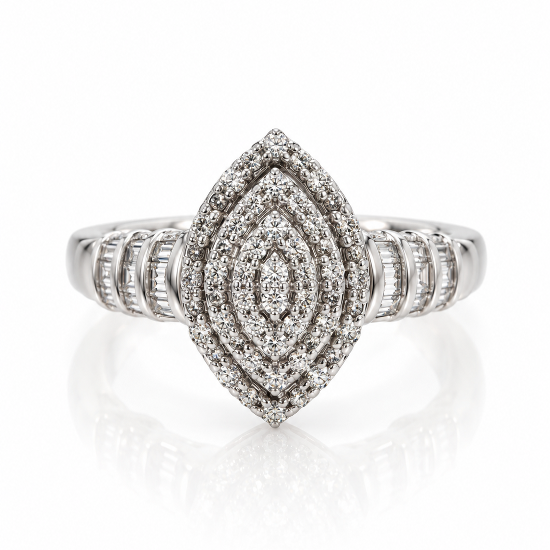 9ct white gold marquise cluster dress ring with baguette diamond shoulders and polished court band