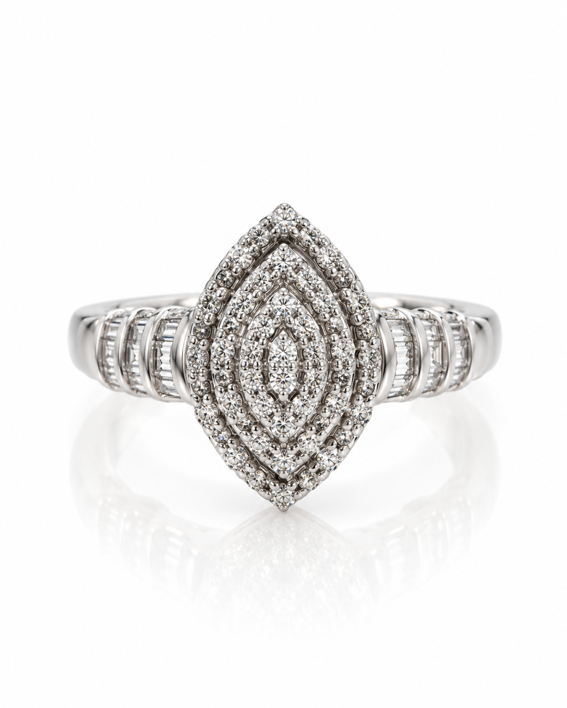 9ct white gold marquise cluster dress ring with baguette diamond shoulders and polished court band