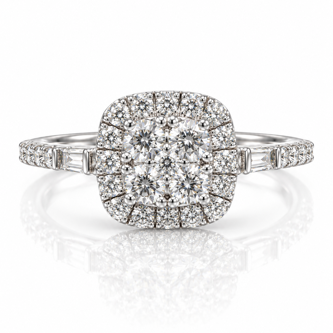 9ct white gold cluster halo engagement ring with baguette diamond shoulders and pavé-set band