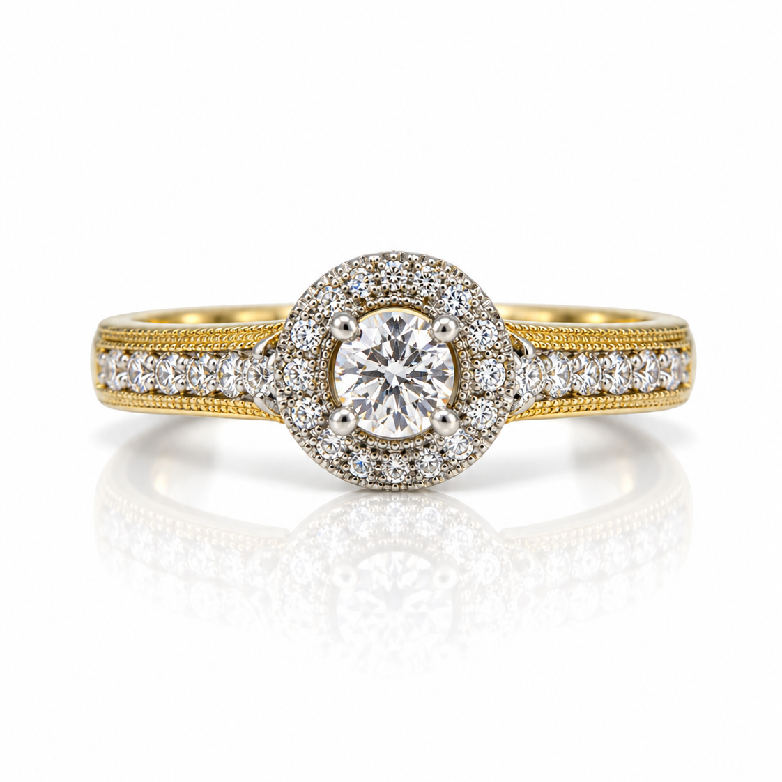 9ct yellow gold halo engagement ring with round diamond centre and pavé-set shoulders