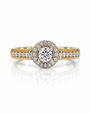 9ct yellow gold halo engagement ring with round diamond centre and pavé-set shoulders