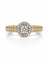 9ct yellow gold halo engagement ring with round diamond centre and pavé-set shoulders