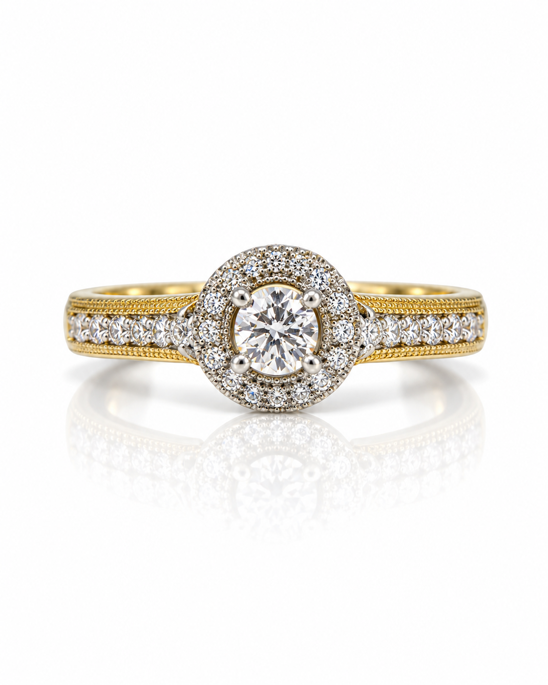 9ct yellow gold halo engagement ring with round diamond centre and pavé-set shoulders