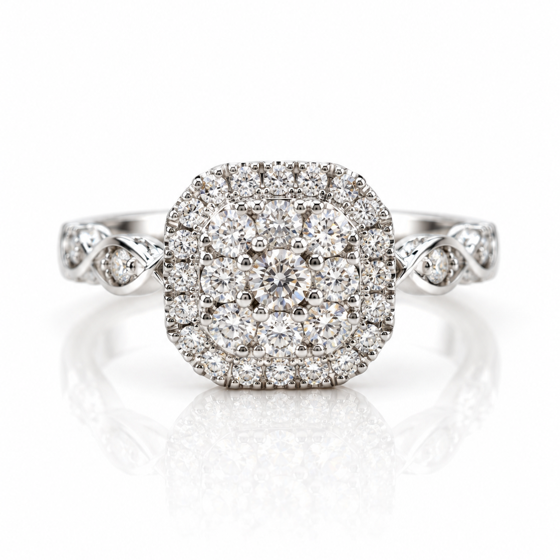 9ct white gold cluster halo ring with cushion-shaped head and round diamonds, pavé-set twisted shoulders