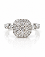 9ct white gold cluster halo ring with cushion-shaped head and round diamonds, pavé-set twisted shoulders