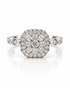 9ct white gold cluster halo ring with cushion-shaped head and round diamonds, pavé-set twisted shoulders