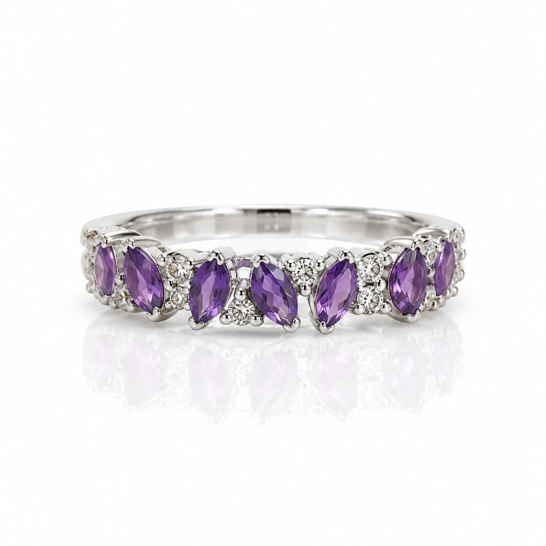 9ct White Gold half eternity ring with marquise amethysts and round diamonds