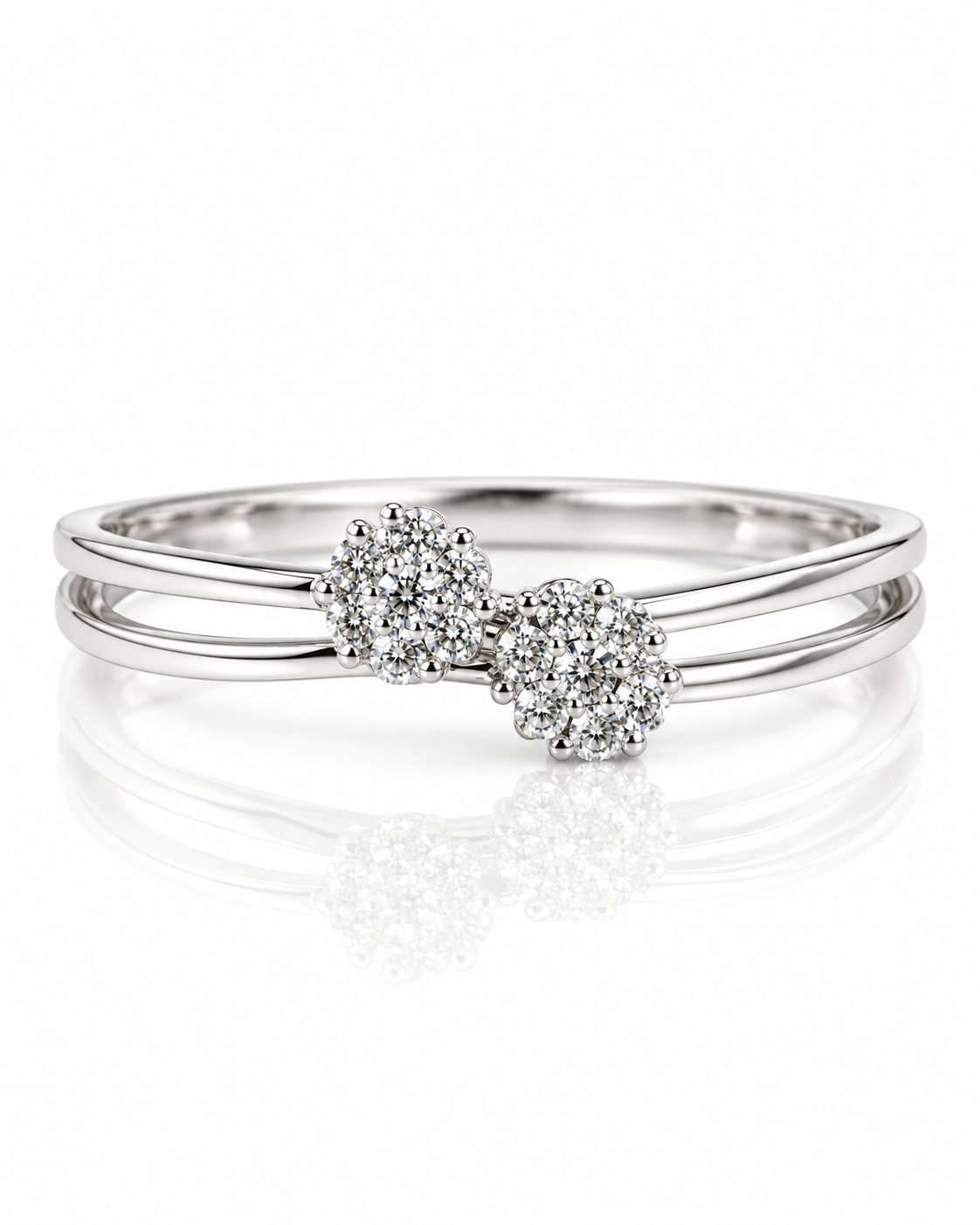 9ct white gold dress ring with two flower-shaped round diamond clusters on a split shank