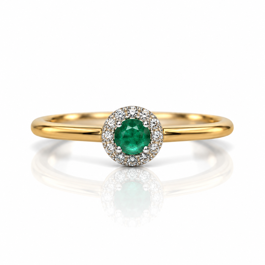 9ct yellow gold dress ring with round green emerald and diamond halo